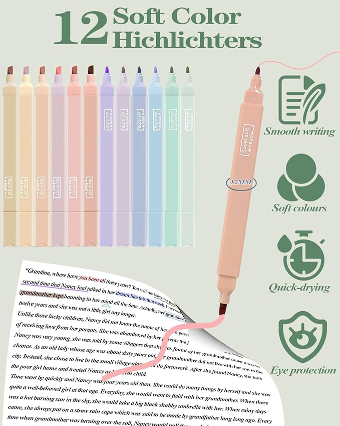 JIZHIYUAN 54PCS Aesthetic School Supplies with Large Pencil Case,12 Pastel Highlighters,5 Black & 6 Color Ink Gel Pens, 6-in-1 Ballpoint Pen,5 Mechanical Pencils 0.5-2.0mm Student Essentials (Green)
