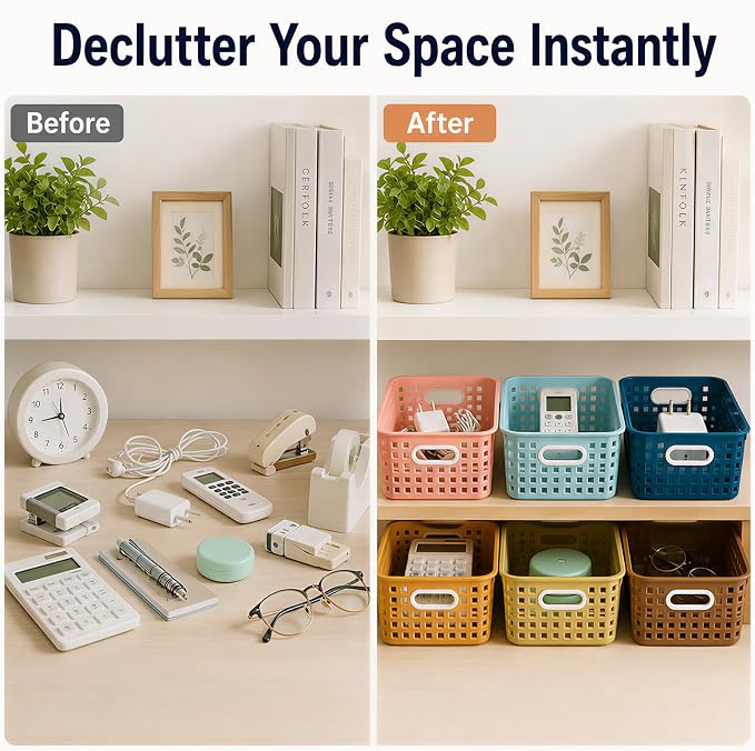 6 Pack Plastic Classroom Storage Baskets, Organizer Bins with Handle | Bohemian 11" × 7.1" × 4.6" Medium Papers Book Storage Organizer for School Classroom Library Office Home Desktop Bookshelf