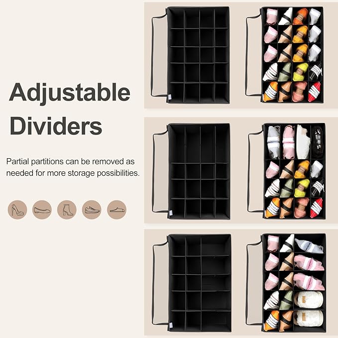 TOPIA HOME Shoe Organizer for Closet, Foldable Shoe Box with Adjustable Dividers and Clear Cover, Space Saving Shoe Storage Organizer Cabinet with Reinforced Handles, Fits 20 Pairs, Black, TP10B