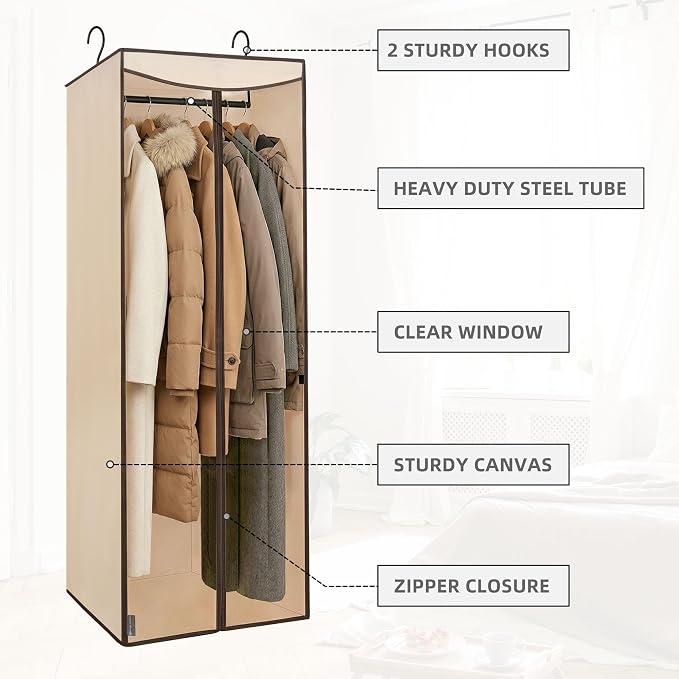 STORAGE MANIAC 57" Hanging Garment Bag Zipper Cover with Sealed Clear Window, Long Garment Cover for Closet Storage Wardrobe Clothes Protector, Large Garment Storage Bag for Dresses, Beige，2-Pack