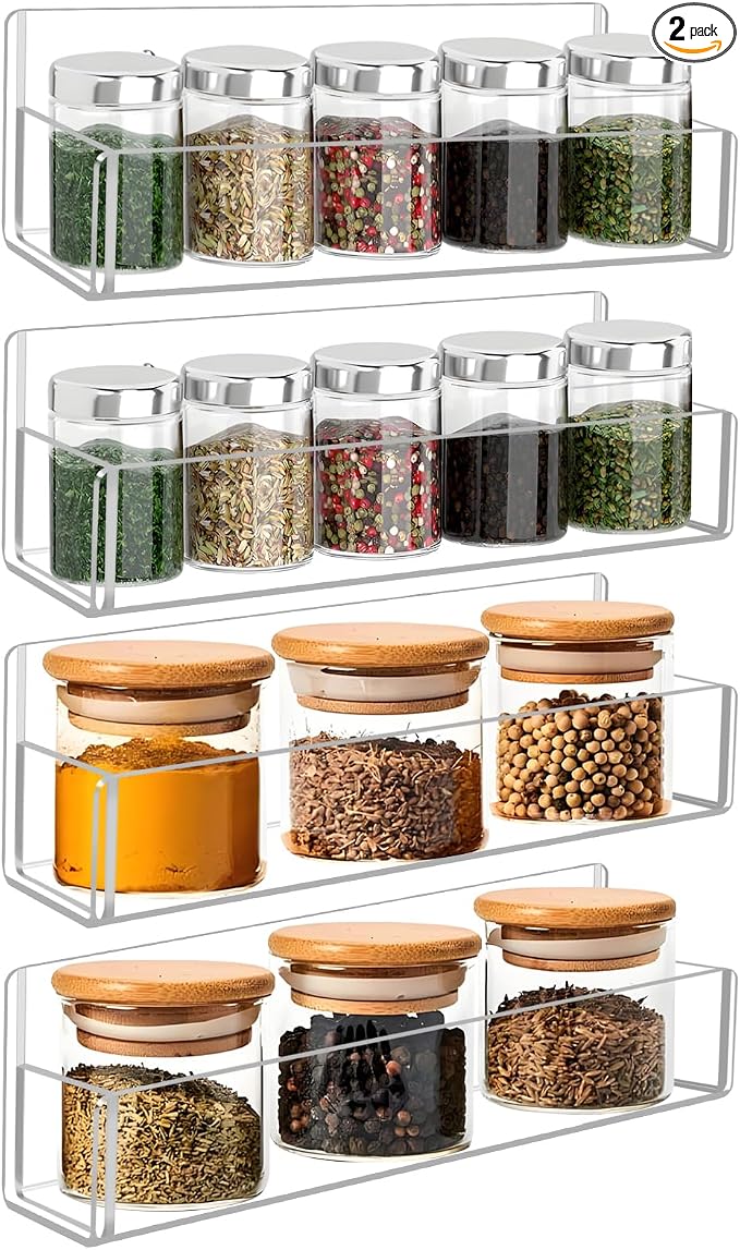 Acrylic Spice Rack Wall Mount-9 Inch, Clear Spice Shelf Storage Holder, 4 Pack Hanging Seasoning Rack Organizer for Cabinet Door, Cupboard or Wall Kitchen (Adhesive or Screw)