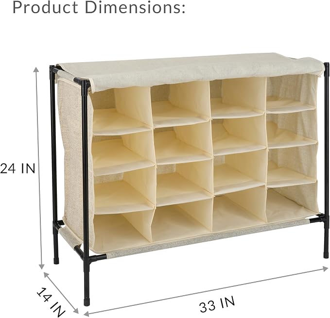 Simplify 16 Pair Shoe Rack with Cover | Stackable | Storage & Organization | Closet | Bedroom | Entryway | Beige