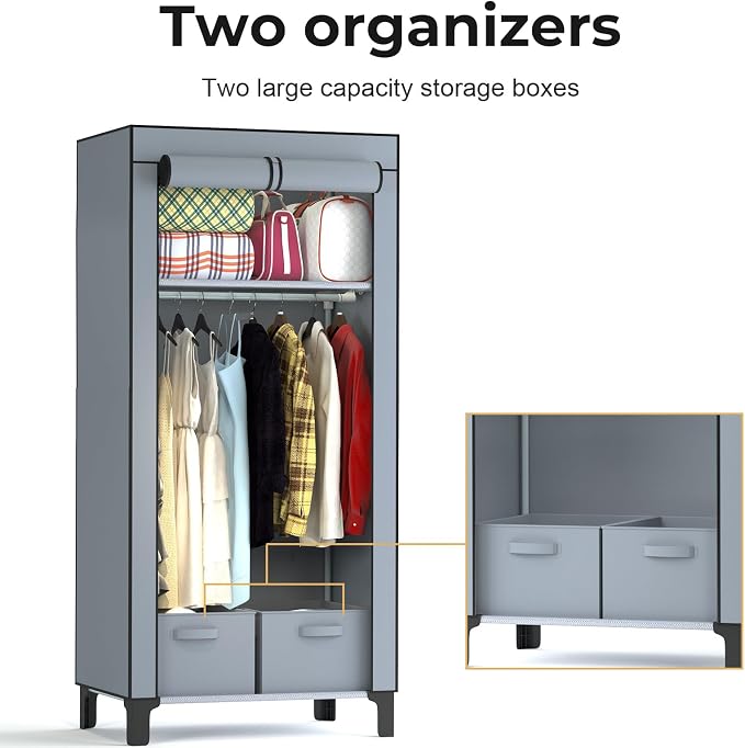 Portable Closet Wardrobe Closet for Hanging Clothes with 3 Hanging Rods for Bedroom, Non-Woven Fabric Clothes Closet for Living Room Easy Assemble (Gray, 2 Columns, 23.2 inch Width)