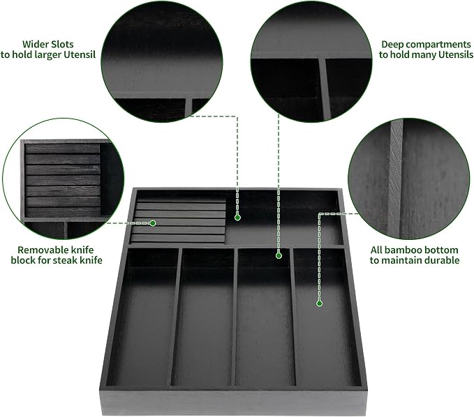 VaeFae Bamboo Silverware Organizer, Utensil Holder for Drawer, Wooden Cutlery Tray with Divider for Kitchen Drawer, Utensil Organizer with Knife Block（Black）