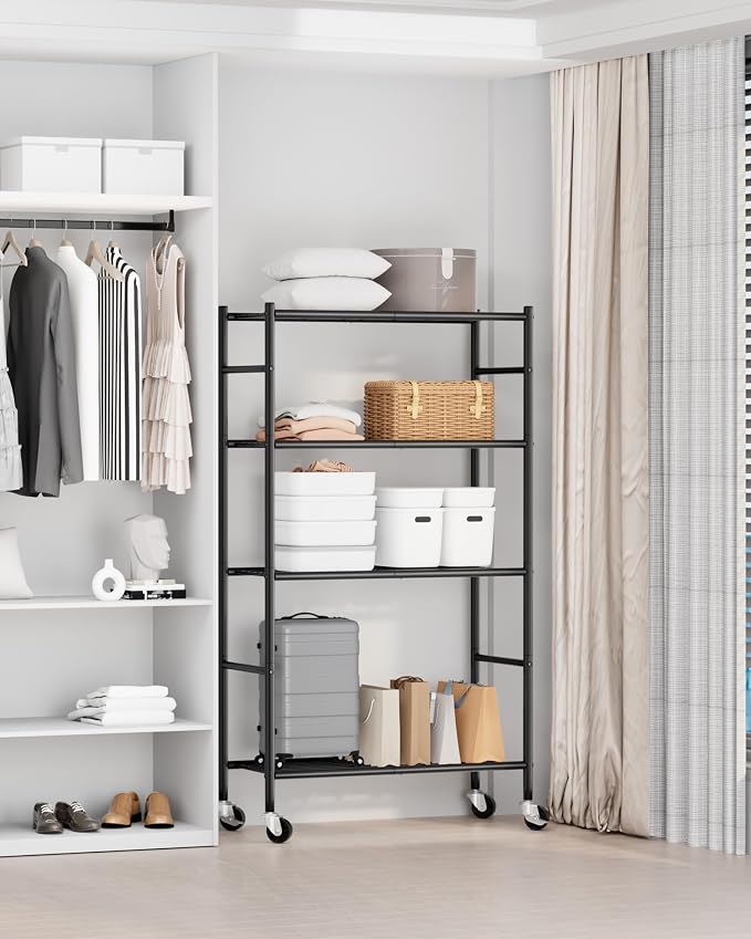 Sakugi Storage Shelves Organizer - 4 Tier Metal Shelf Organizer with Metal Wheels and Adjustable Leveling Feet, Heavy Duty Garage Shelving for Kitchen, Pantry and Closet, 33.1"x12.6"x58.9", Black