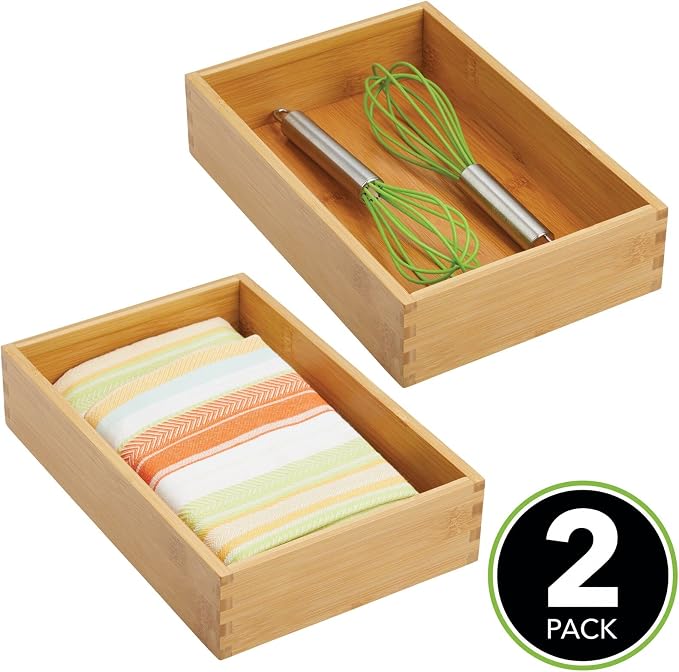 mDesign Bamboo Kitchen Cabinet Drawer Organizer Tray Bin - Eco-Friendly, Multipurpose - Use in Drawers, on Countertops, Shelves or in Pantry - 6.9 x 10.4-2 Pack - Natural Wood Finish