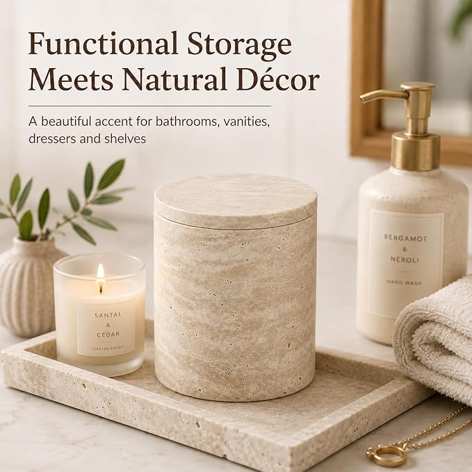 Natural Travertine Round Canister with Lid | Natural travertine canister for Q Tip, cotton rounds, balls, floss picks and short dry vanity items.