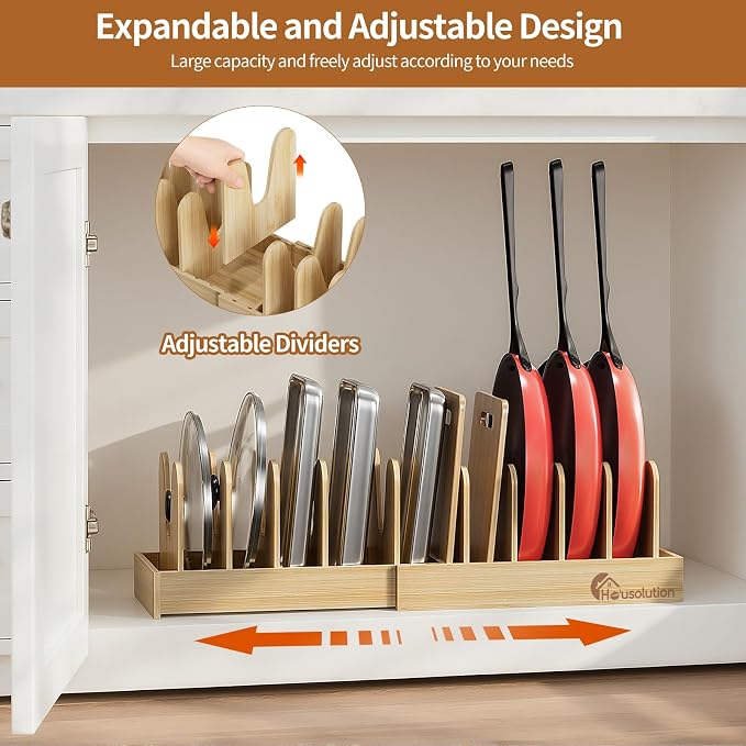 Housolution Bamboo Pot and Pan Organizer for Cabinet, 15"-29" Expandable Pot Lid Organizer with 10 Adjustable Dividers, Pan Holder Storage Rack with Solid Bamboo Wooden Base, 2 Pack