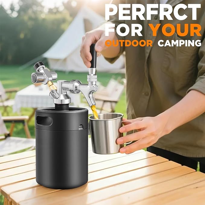 Mini Keg Growler Tap System, 64OZ Pressurized Stainless Steel Beer Keg, Durable Beer Dispenser System with CO2 Regulator & Self-Closing Faucet, Portable Beer Growler to Keep Fresh for Homebrew