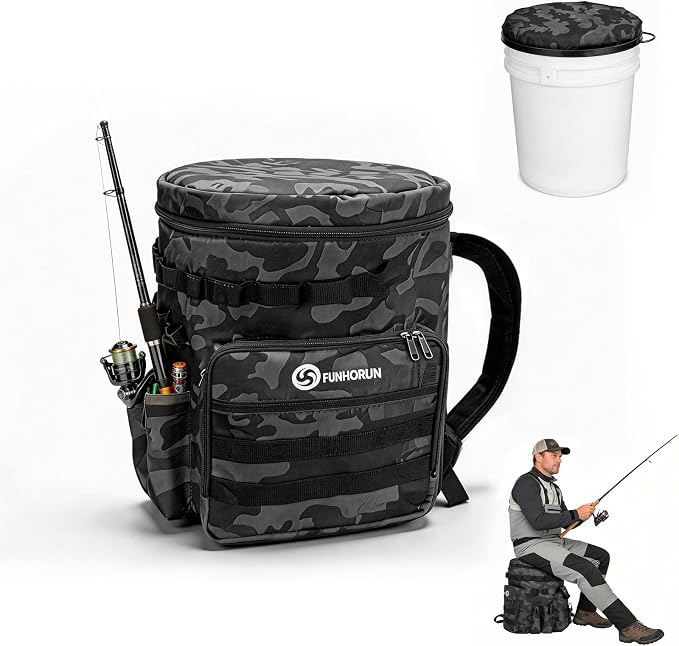 FUNHORUN Fishing Bucket Organizer with 5 Gallon Bucket & Rotating Seat Lid | 360 Swivel Seat Lid, Bucket Backpack with Backpack Straps, Full Water-Resistant & Multi-Pockets (Fishing Tools Not Included)