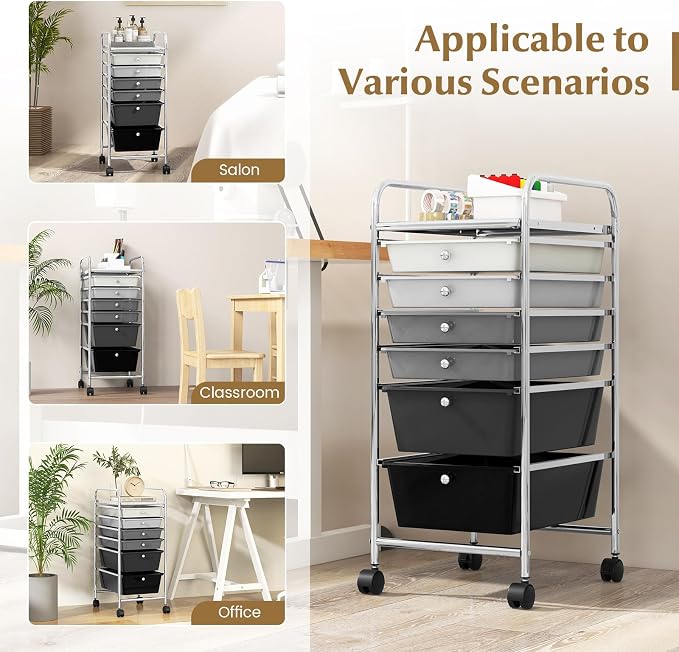 DREAMADE Rolling Cart with Storage Drawers, Utility Cart with Removable Plastic Drawers, Lockable Wheels, Art Cart for Classroom Organization Art Supplies Office Scrapbook (6 Drawers, Mixed-black)