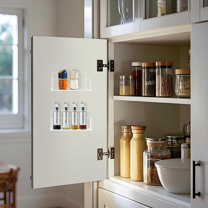 Acrylic Spice Rack Wall Mount-6 Inch, Clear Spice Shelf Storage Holder, 4 Pack Hanging Seasoning Rack Organizer for Cabinet Door, Cupboard or Wall Kitchen (Adhesive or Screw)