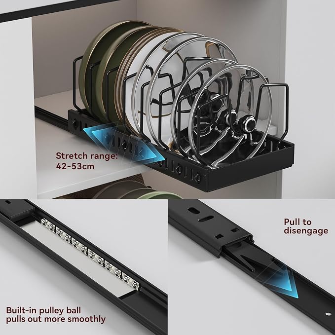 Black Pull Out Pot Lid Organizer, Cabinet Pan Rack, 8 Dividers | 2-pack black carbon steel rack, 16 adjustable dividers, quiet slide rails, adhesive or screw mount for lids, pans, bakeware