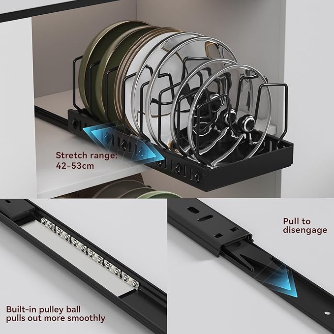 Black 2 Pack Pot Lid Organizer, Pull Out Cabinet Rack, 16 Dividers | 2-pack black carbon steel rack, 16 adjustable dividers, quiet slide rails, adhesive or screw mount for lids, pans, bakeware