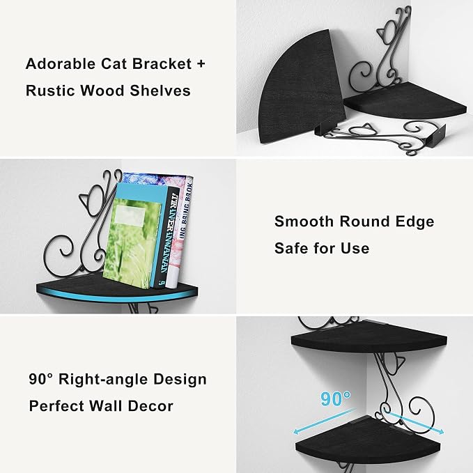 Alsonerbay Corner Shelves - Wall Mounted Floating Wood Shelf, 4 Tier Rustic Storage Shelf, Cat Shaped Shelving for Wall, Solid Wooden Decor for Living Room, Bedroom, Kitchen (Black)