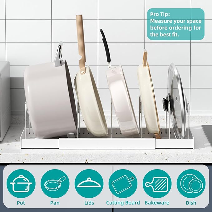 Pot Rack:Expandable Pan Organizer for Cabinet,Pot Lid Holder with 6 Adjustable Compartment for Kitchen Cabinet Cookware Baking Frying Rack,Apricot