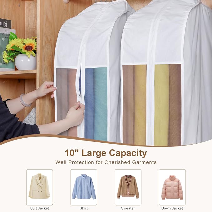32" Premium Cotton Garment Bag for Hanging Clothes, Breathable Suit Bags for Closet Storage with Extra Large 10" Gusseted & Clear Window, Dust Cover with Zipper for Short Clothes, 3 Pack