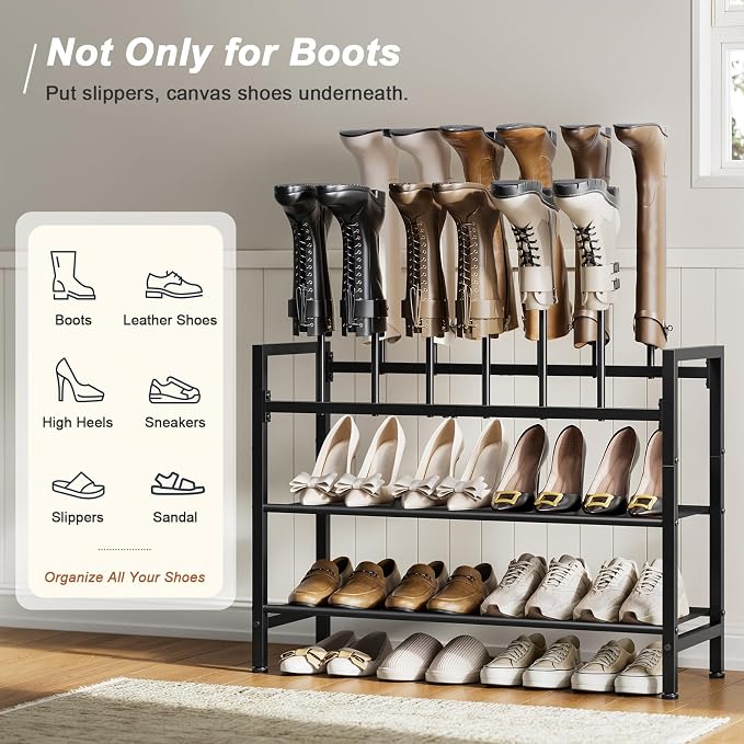 Free Standing Shoe Racks, 4-Tier Boot Rack Organizer for Tall Boots, Sneakers, High-Heel, Black Metal Shoe Storage for Dorm Room, Closet, Entryway, Hallway, Black, Holds 6 Pairs