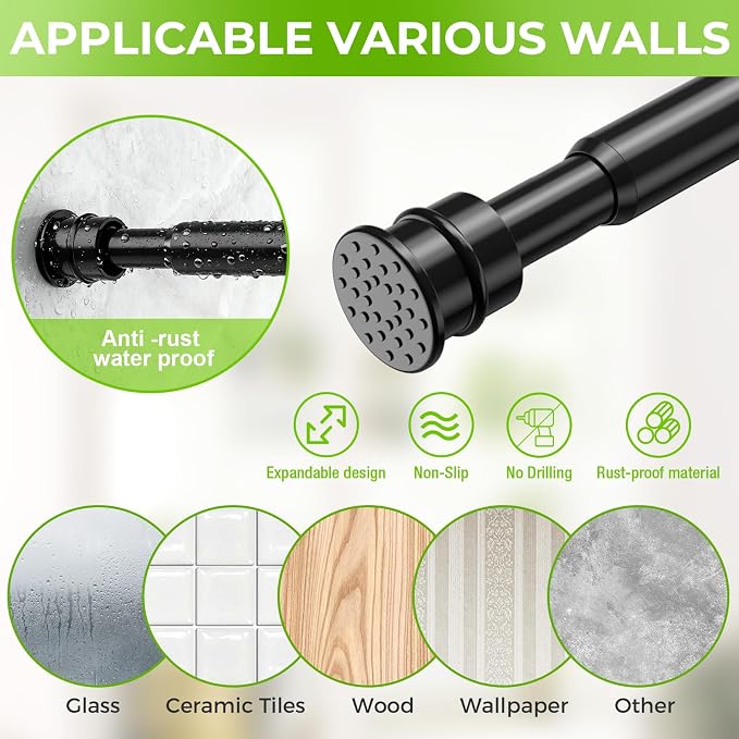 Spring Tension Rods 28-48 Inches No Drill Tension Curtain Rods Black Spring Loaded Curtain Rods Adjustable Small Short Tension Curtain Rod for Window,Kitchen,Doorway,Cupboard,Wardrobe