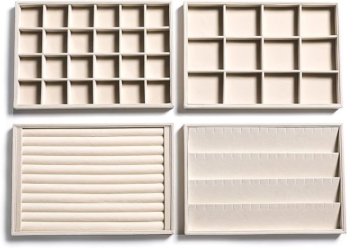 Frebeauty Jewelry Trays for Drawer,Set of 4 Jewelry Organizer and Storage | Velvet Material,Stackable,Adjustable Dividers,Drawer Inserts for Rings Studs Bracelet,Earring Organizer for Women Girls