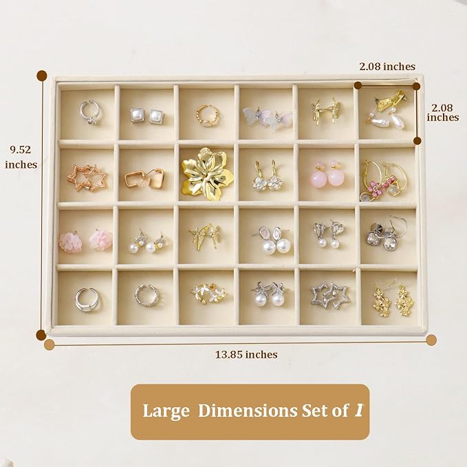 Large Jewelry Organizer for Drawer Insert Velvet Stackable Jewelry Trays for Earring Necklace Bracelet Ring Display (Beige, 24 Grids)