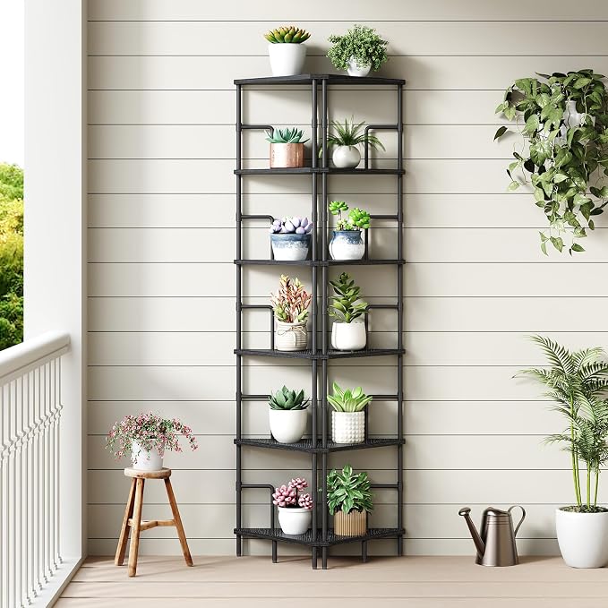 MAHANCRIS 6-Tier Corner Shelf, 65" Tall Corner Bookshelf with Metal Frame, Narrow Display Shelf Stand, Industrial Corner Bookcase for Living Room, Bedroom, Home Office, Black CSBK6601