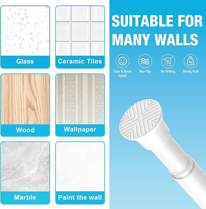 Tension Curtain Rods for Windows 24-48Inch Spring Tension Rod Adjustable Curtain Rods No Drilling White Tension Rod Expandable Pressure Spring Tension Rod for Closets