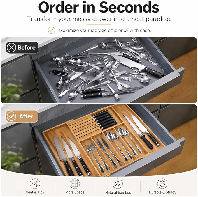 FUSHITON Expandable Bamboo Utensil Organizer with Built-In Knife Block, 7 Compartments, Adjustable Drawer Divider for Kitchen