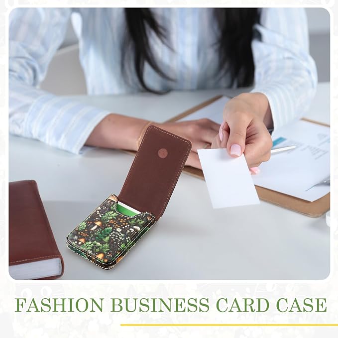 Outus 2 Pcs Business Card Holder, PU Leather Business Card Case Pocket Wallet with Magnetic Shut for Men Women(Soft,Mushroom and Black Cat)