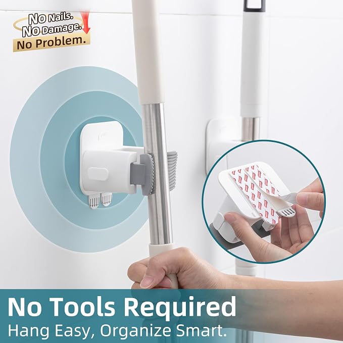TAILI Mop and Broom Holder Wall Mount Grippers, 2 Hangers and 6 Adhesive Strips, Damage Free Hanging Wall Mount, Household Cleaning Organizer for Organization and Storage, Holds up to 4 lbs, Grey