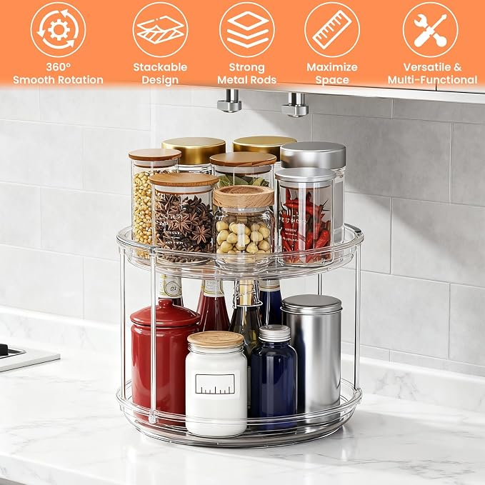 3 Pack 2 Tier Turntable Organizer, 9.6 Inch Clear Rotating Spice Rack for Cabinet, Kitchen, Pantry & Bathroom Countertop, Stackable Rotating Organizer for Medicine, Makeup & Condiments