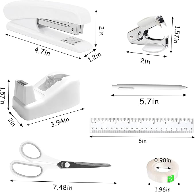 Dimonluce Office Desk Accessories, White Office Supplies Accessories with Tape Dispenser, Stapler, Staple Remover, 1000 Staples, Tape, Clips Set, Ruler, Scissor, Pen