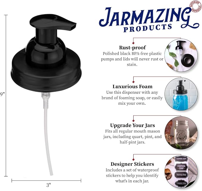 Jarmazing Products Mason Jar Foaming Soap Dispenser Lids - Includes Waterproof Stickers! Black - 12 Pack
