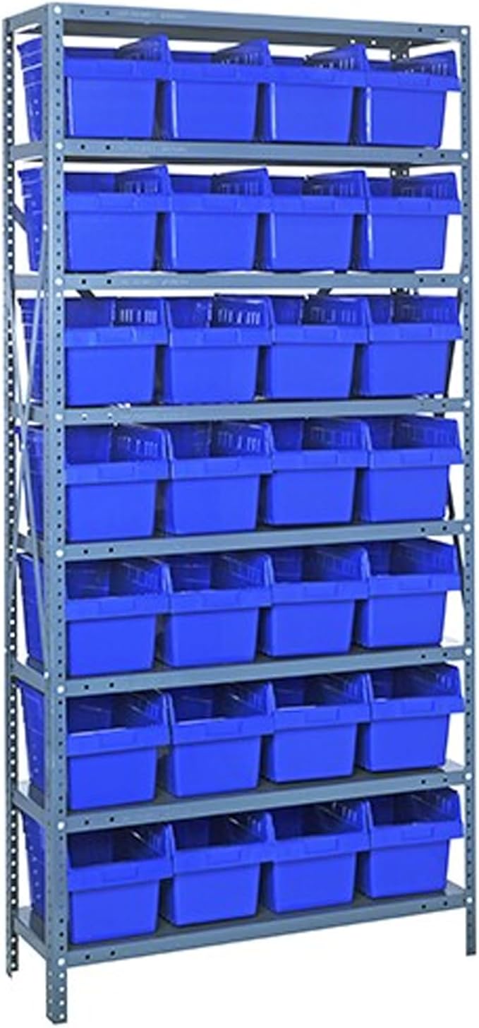 Quantum Storage Systems 1275-SB807BL Solid Heavy Duty 8 Shelves 28 STORE-MAX Blue Bins 75" H x 36" W x 12" D