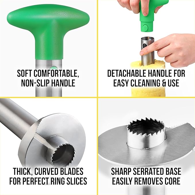 Zulay Kitchen Stainless Steel Pineapple Corer & Slicer – Heavy Duty Pineapple Cutter & Eye Removal Tool – Effortless Core Remover Tool with Sharp Reinforced Blade & Ergonomic Handle - Green