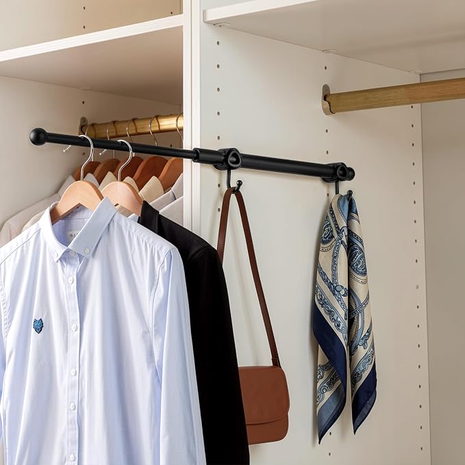 Valet Rod for Closet Pull Out with Hooks, Easy To Install (Black, 14 Inch)