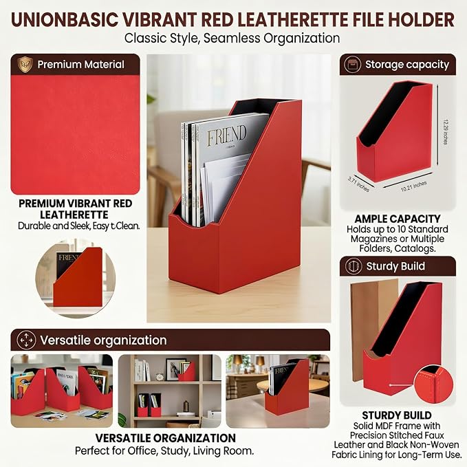 UnionBasic Magazine File Holder, Leatherette Desktop Document Organizer, Home Office Paper Holder File Storage Literature Sorter, Red