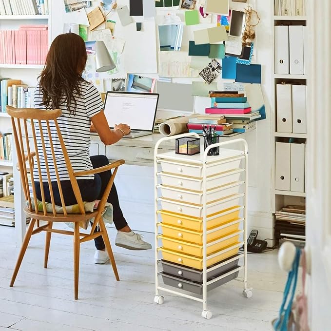 GOFLAME 10-Drawer Rolling Storage Drawer Cart, Utility Cart with Removable Drawers & Metal Frame, Mobile Art Craft Drawer Cart with Lockable Wheels for Home, Office, Studio, School, Yellow