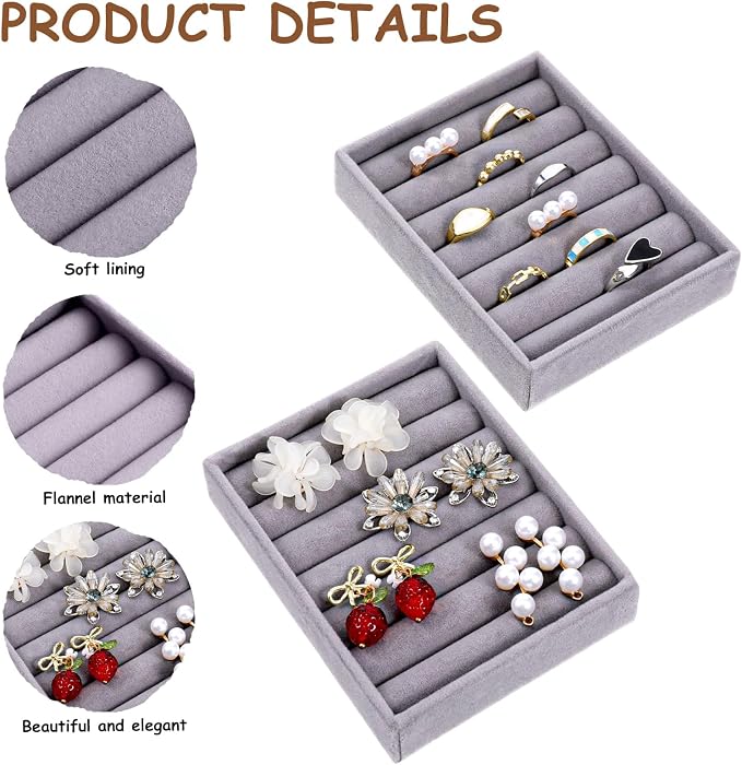 Xthrotsenk 2pcs Small Ring Organizer Ring Holder Display Tray Velvet Rings Earrings Insert Holder for Girl Store Selling or Home Show Storage Jewelry Box, Drawer(Grey)
