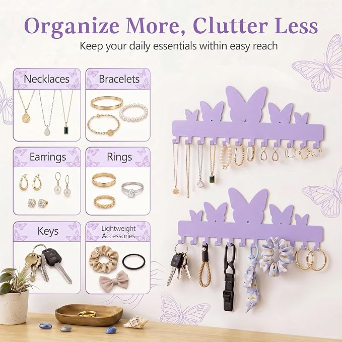 Hicarer 2 Pack Purple Butterfly Necklace Holder Wall Mount with 24 Hooks Adhesive Metal Jewelry Organizer Gifts for Women Back to School Dorm Room Storage for Bracelets Necklace Keys