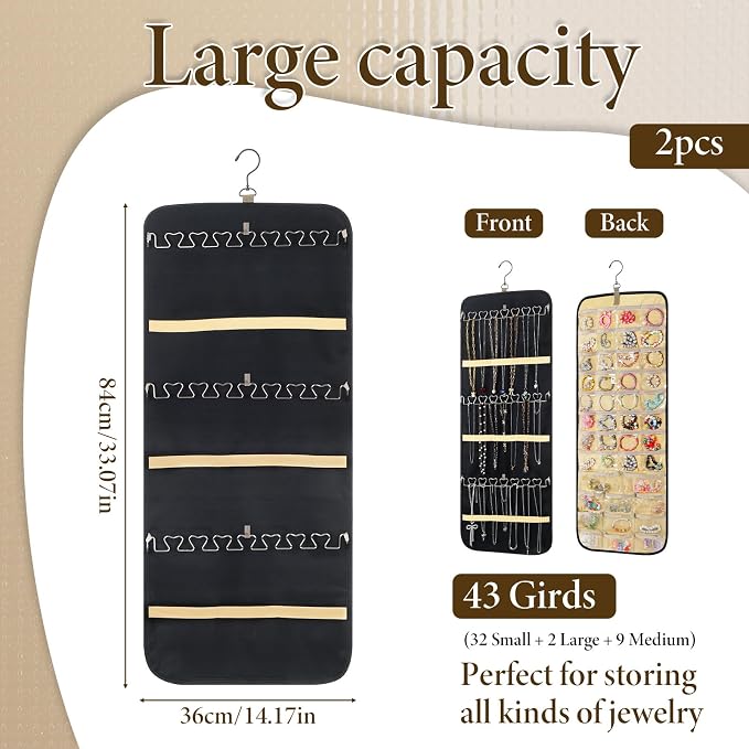 2 Pack Hanging Jewelry Organizer Storage with 43 Pockets and Hooks Dual-Sided Hanging Jewelry Organizers and Storage Hang on Closet, Wall, Door for Earrings, Necklaces, Rings,Blcak