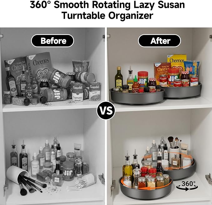 2PCS 9.8" Black Metal Lazy Susan Turntable Organizer | Non-Slip, Easy to Wipe, 360°Rotating Spinning Tray, For Cabinet, Pantry, Table Top, Fridge, Bathroom Vanity, Kitchen Decor