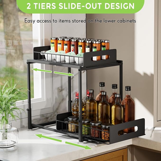 Under Sink Organizer and Storage, 2 Tier Pull Out Under Cabinet Organizer Shelf, Adjustable Height, Thickened Metal Slide Out Under Sink Storage for Kitchen Bathroom Cabinet