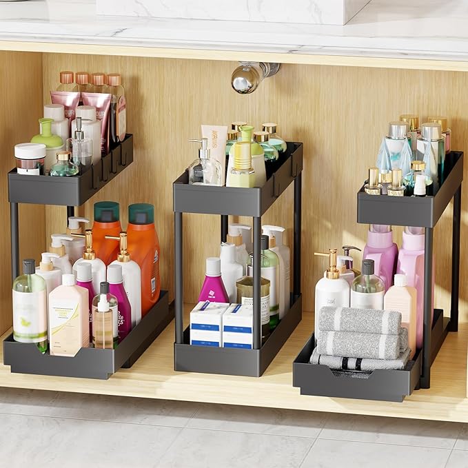 Simple Trending Multi-Purpose Pull-Out Storage Organizers, 2 Tier Under Sink Organizer, Stackable Cabinet Drawers Bins for Kitchen, Bathroom, Closet, Black, 3 Packs