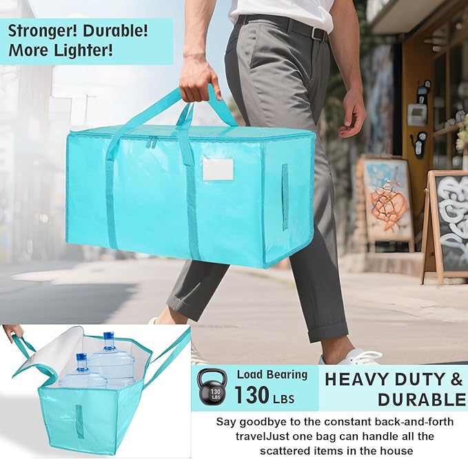 8 Pack-Extra Large Heavy Duty Moving Bags - Waterproof Storage Totes with Handles & Zippers, Foldable for College Dorm, Storage (lake blue)