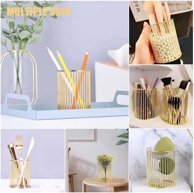 Gold Pen Holder for Desk, Metal Pencil Holders Makeup Brushes Cup for Preppy Room Decor Office Home Bedroom School Organizer Toothbrush Holder Gold Decor Aesthetic Gift Accessories
