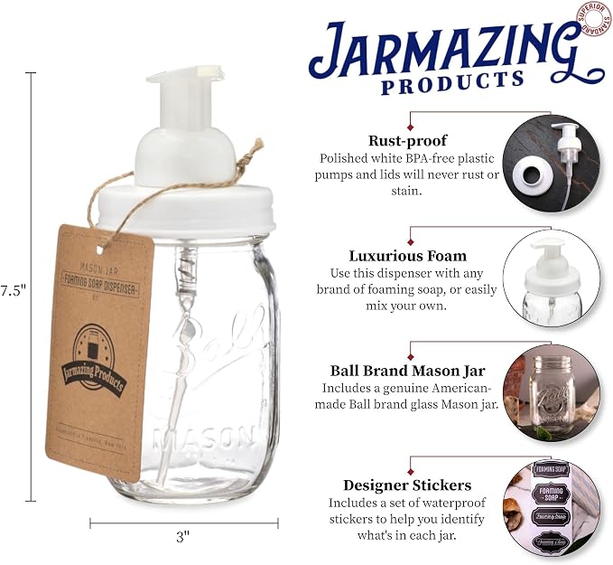 Jarmazing Products Mason Jar Foaming Soap Dispenser – White – with 16 Ounce Ball Mason Jar - Two Pack!