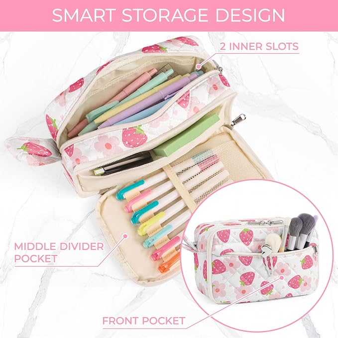 WOBAGMEN Quilted Pencil Pouch for Women, Large Capacity Pencil Case with Compartments, Cute Aesthetic Pencil Organizer, Floral Stationery Pouch（Cute Strawberry Floral1）