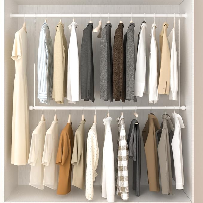 SUTINE Closet Rods for Hanging Clothes, Adjustable Metal Closet Extender Hanging Rod, Space-Saving Closet Rod Extender Clothes Hanging Bar, Closet Poles for Hanging Clothes (White, 31.5-47.2 IN)