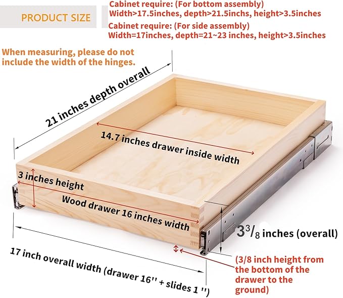 Mulush 16”W x 21”D x 3‘’H Soft Close Slide Out Wood Drawer Organizer for Kitchen, Finished, (Cabinet Opening>17.5 inches for Bottom Assembly, Opening= 17 inches for Side Assembly)